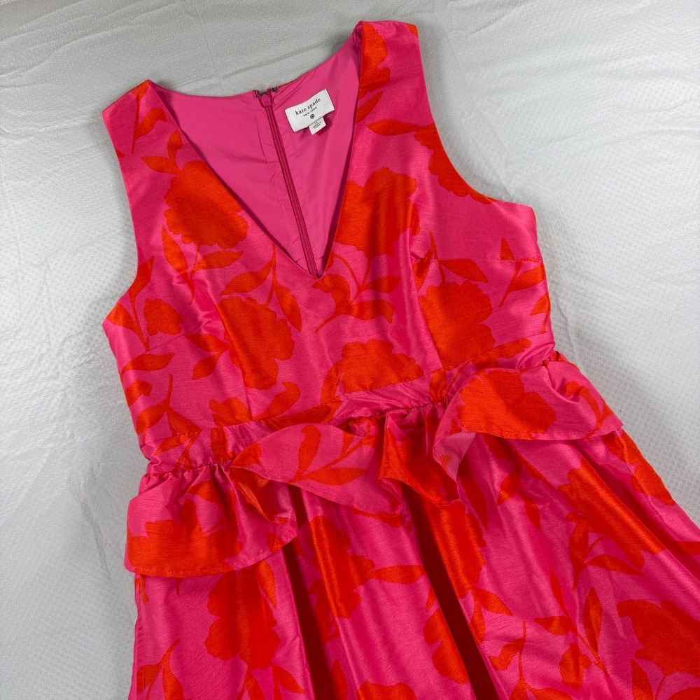 Kate Spade Floral Peplum Midi Dress Pink Orange Size 12 V-Neck Sleeveless A-Line